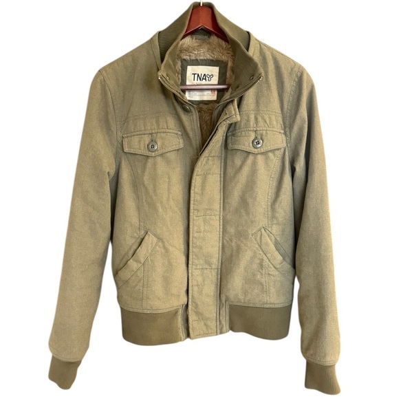 TNA M mint newer condition Olive Bomber Jacket faux fur lining - Picture 1 of 16